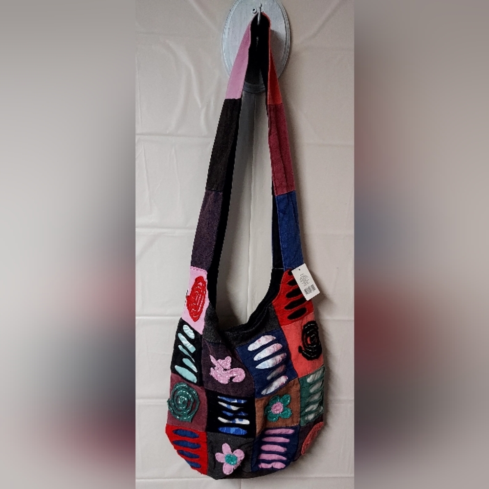 NWT Women's Boho Hippie Patchwork Vibrant Multi-Color Cotton Large Hobo Bag